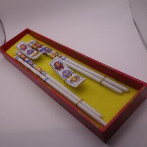 Set of Two(2) Ceramic Chop Sticks with Ceramic Rests and Box